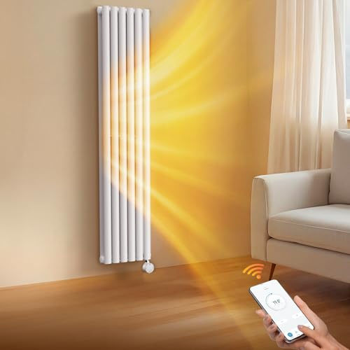 KOMORE Oil Filled Radiator, WiFi Electric Heater for Home, Electric Vertical Radiators Wall Mounted, WiFi App Control, 3 Modes, 7d/24h Timer, Child Lock, Thermostat, White/Anthracite (White, 1200W)