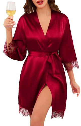Lovasy Peignoir Satin Femme Mariage Sexy Robe de Chambre Soie en Dentelle Court Kimono Bride Léger Col V avec Ceinture Robe de Demoiselle d'Honneur