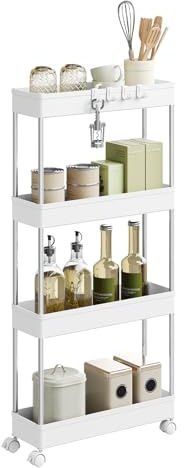 WOLTU Carro de Almacenamiento con Ruedas de 4 Niveles, Carrito Auxiliar con 4 Ganchos, Carrito Estrecho para Cocina, Baño y Lavanderia, Plástico y Metal, 41,5 x 86 x 13,5 cm, Blanco