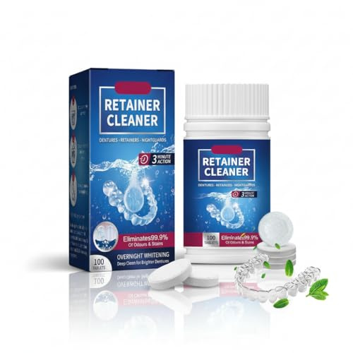Tabletas de limpieza Retainer,Limpiador de pastillas para aparatos dentales,Limpiador de canalones dentales,para aparatos ortodoncia y canaletas, dentaduras postizas, alineadores (100 piezas)