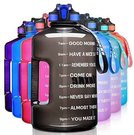 SLUXKE 1 Gallon Water Bottle with Time Marker BPA Free Motivational, 128oz Leak Proof Water Bottle Jug with Handle and Straw Black