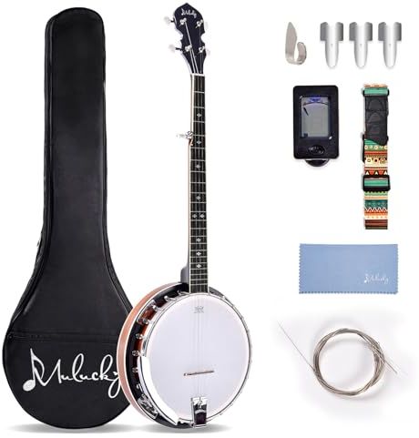 Mulucky 5 String Banjo - Full Size with 24 Brackets, Closed Back, Maple Body with Remo Head, Geared 5th Tuner, Gift Package with Beginner Kit - B1103