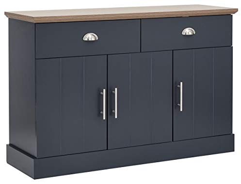 GFW Kendal Sideboard Cabinet Unit 2 Storage Drawers & 3 Door Storage Cupboard, Contemporary Wooden Sideboards For Living Room, Dining Room & Kitchen, Slate Blue & Oak, H-77cm x W-117cm x D-39cm