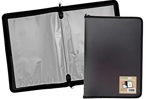 eco-eco A4 50% Recycled 30 Pocket Black Zipped Presentation Display Book, File Folder, Artwork Portfolio with Plastic Sleeves, eco090