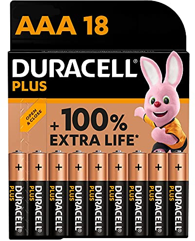 DURACELL Plus AAA Batteries (18 Pack) – Alkaline Batteries 1.5V – Up to 100% Extra Life with POWER BOOST Actives– Reliability For Everyday Devices – 0% Plastic Packaging – 10-Year Storage-LR03 MN2400
