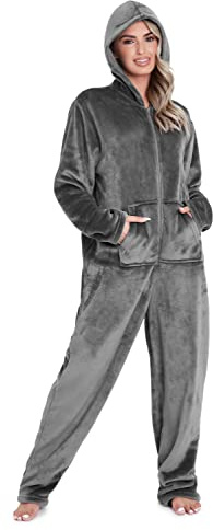 CityComfort Onesies for Women Soft Comfy Fleece Pyjamas Nightwear for Women Fluffy Fleece Onesie Lounge Wear Sizes S-XL (Charcoal, M)
