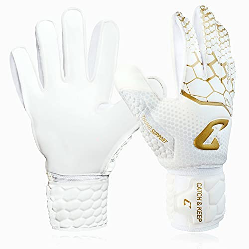 CATCH & KEEP Torwarthandschuhe Kralle Junior Pro 3.0 - Professionelle Torwart-Fußballhandschuhe für Kinder – ultrastarker Falcon Grip - optimale Kinder-Passform (Gold/Weiß, 4, Beidhändig)