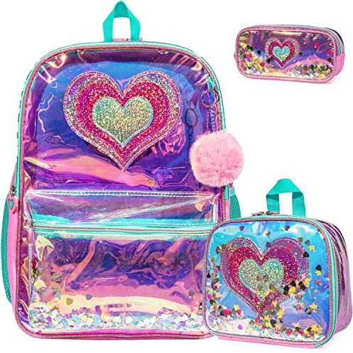 Egchescebo Sac a dos Pour D'école Enfants Cartable Fille Livre Primaire Voyage Coeur D'amour Transparent Travel Bag Personnalisé Enfant Avec Boîte à Lunch et Pochette Crayons Enfants de 17 3PCS Rose