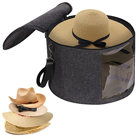 Grande boîte à chapeaux avec couvercle, 45 cm × 30 cm, pliable, ronde, en feutre, avec poignées et bandoulière pour transporter et ranger différents types de chapeaux, gris foncé