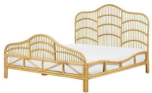 Boho EU King Size Bed Base 5ft3 Rattan Mahogany Decorative Headboard Slatted Frame Braided Light Brown Domeyrot