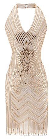 KBOPLEMQ Costume des Années 20 pour Femme - Robe à Paillettes Dorées à Franges - Cocktail Vintage avec Perles - Élégante Sans Manches - Gatsby - Soirée, O