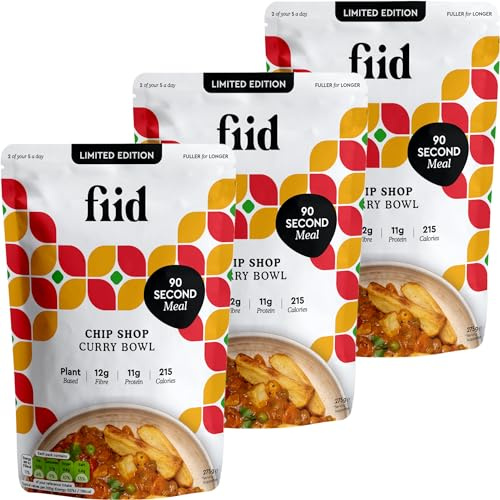 Fiid 100% Natural Vegan Microwave Ready Meals - Chip Shop Curry Flavour - 3 x 275g (Vegetarian Food Pouch, High in Fibre & Protein, Low in Sugar, Gluten Free, Fat Free)