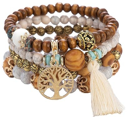 SHUBEIEUMI Boho Holzperlen Armband, 4 Stück Boho Quaste Armband für Damen, Frauen Baum des Lebens Charm Statement Armreifen, Kristall Perle