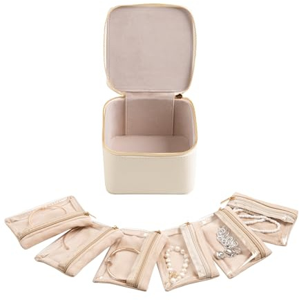 Frebeauty Small Travel Jewelry Box with 6 Pouch Bags, Portable Mini Jewelry Storage, 3.35 x 4.9 x 4.8 Inches, Gift Idea for Women Girls (Beige)