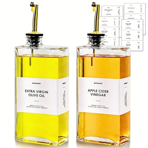 Olive Oil Dispenser For Kitchen, Glass Oil Bottle 500ML Oil And Vinegar Dispenser Set Of 2, Cooking Oil Dispenser With 2 Stainless Steel Pourers & 44 Labels, Soy Sauce Dispenser, Coffee Syrup Bottles