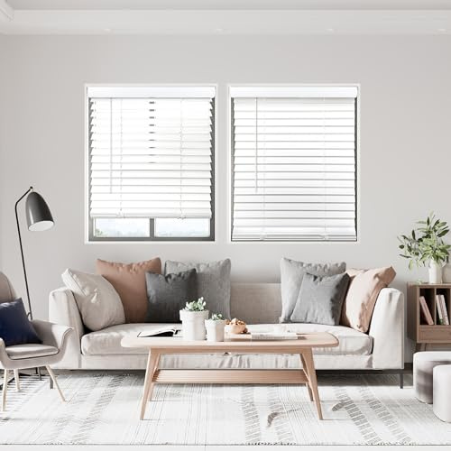DEZ FURNISHINGS Cordless 2 Smooth Faux Wood Blind, 32 W x 48 H, Smooth White