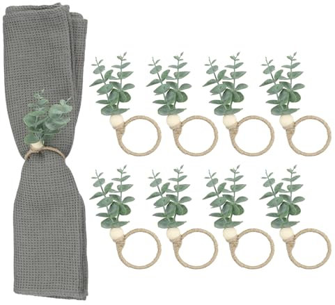 Napkin Rings, Wooden Napkin Rings Set of 8, Handmade Rustic Farmhouse Boho Green Leaf Eucalyptus Wood Bead Napkin Holder for Decoration Adornment Wedding Parties Banquet Table Decor