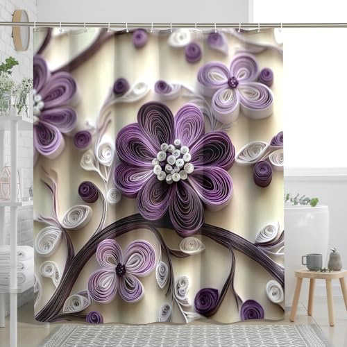 Paper Quilling Plum Bossom Shower Curtain Set, Art Floral Shower Curtain, 3D Flower Bathroom Accessories, Fabric Decorative -62 Inch
