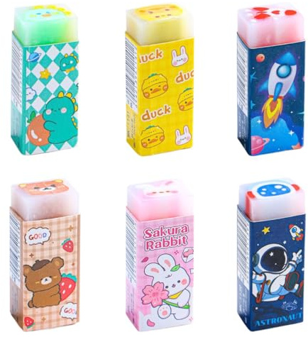 JEYORZY 6 Pcs Gommes Kawaii, Mignon Crayon Douce Colorées, Animé Coloré Rectangle Gomme, pour Les Enfants de la Papeterie étudiante, en Caoutchouc pour Les Fournitures Scolaires de Bureau