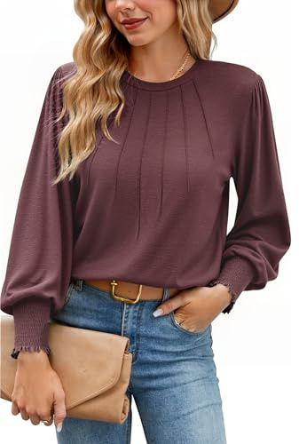 Gyabnw T-Shirt Donna Girocollo a Maniche Lunghe con Design Plissettato Maglietta Donna a Maniche a Sbuffo Tee Shirt con Scollo Rotondo