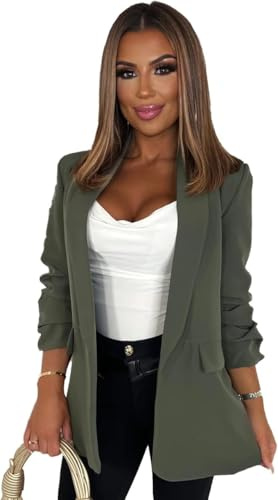 eyes Lined Blazers for Women Casual Long Ruched Sleeve Suit Plain Open Jackets Work Office Coats Cardigan Suit Formal Jacket Top Solid Color Collar Italian Ladies Blazer Size -XXL (Khaki, UK 16)
