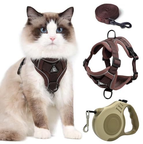 TYXHXTF Arnes Gatos y Correa Set, Transpirable Arnes Gato Pequeño, con Reflectantes de Tela, con Correa Extensible 3M, para Caminar, Entrenar, Gato Pequeño y Mediano (Café)