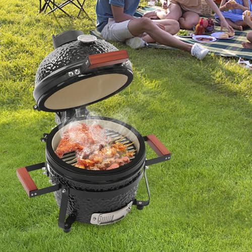 Barbecue au charbon de bois en céramique Ø 32 cm avec thermomètre, ventilation et poignées en bois, mini barbecue sphérique 2 en 1 pour jardin, balcon et camping