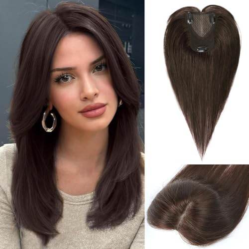 Haarteile Für Frauen Echtes Menschenhaar 30cm 360° Haarteil Aus Menschenhaar Für Frauen Mit Dünner Werdendem Haar Realistische Kopfhaut Zum Einclipsen Glattes Haar (Dunkelbraun #2, Seitlicher Pony)