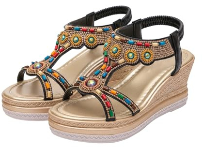 Kilsandaler damer platå, sandaler damer boho eleganta sandaler med kilklack mjuka sulor, sommarskor, färgglada T-remmar, strandskor, bohemia slides Slingback sandalett strass pärlor sandaler