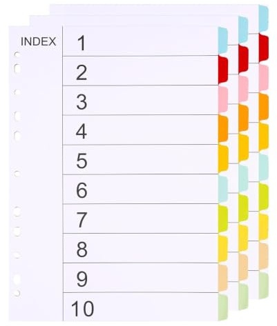 3 Sets d'Intercalaires Classeur A4 à 10 Onglets Multicolores, Perforation Universelle 11 Trous avec Page d'Index, Intercalaires Plastique pour Organisation de Dossiers et Fournitures Scolaires