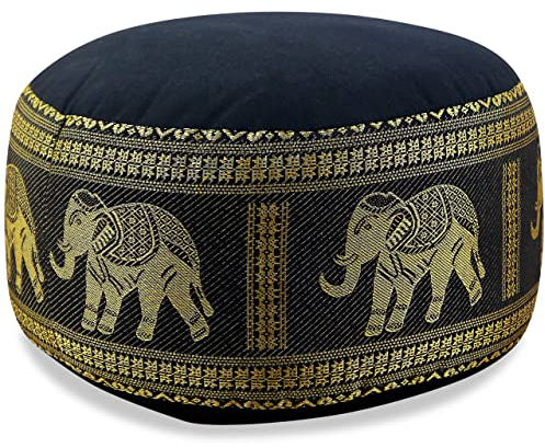 Livasia Meditationskissen Thaiseide - Ø 32x20cm - Yogakissen klein mit Kapok, Pouf, Bodenkissen Yoga Zen Meditation, Sitzkissen Garten Balkon, Zafukissen handgefertigt (Schwarz/Elefanten Seide)