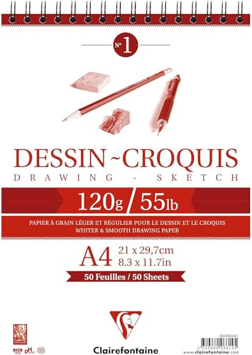 Clairefontaine 96614C Bloc Spiralé en-tête Papier Dessin Croquis - 50 Feuilles Papier Dessin au Grain Très Léger - A4 21x29,7 cm 120g - Idéal pour le Dessin et Croquis au Crayon, Feutre et Fusain