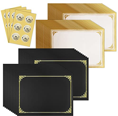 SUNEE 75pcs Certificate Kit, Includes 25pcs Black Certificate Holders & 25pcs Letter Size Certificate Papers & 25pcs Gold Foil Award Seals, for Diploma, Award, Accomplishment