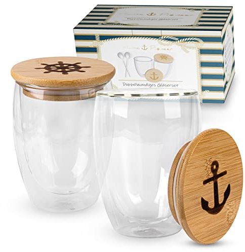 Hanse Pioneer Latte Macchiato Gläser 350ml - 2 doppelwandige Gläser in edlem Design - Mundgeblasenes Thermoglas mit Schwebeeffekt - Premium Kaffee- und Teegläser inkl. Bambusdeckel und Edelstahllöffel