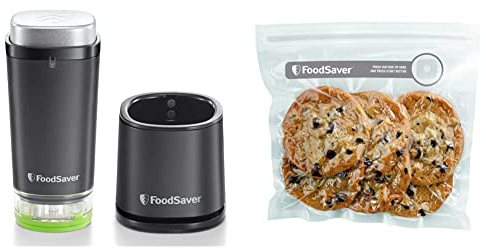 Foodsaver VS1199X Envasadora al vacío de alimentos inalámbrica y portátil, con base de carga + FVB015X Bolsas para envasador al vacío con cierre tipo zip, 0.95 litros, 0 Decibelios