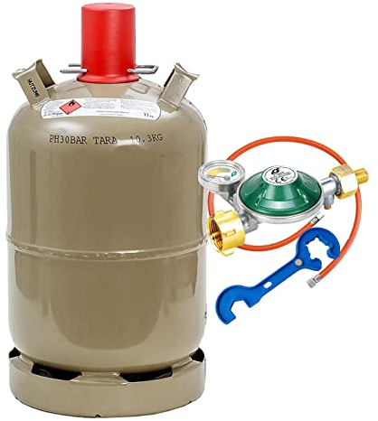 Propan-Gasflasche 11 kg leer, grau inkl. Schlauch 150cm, Manometerregler 50mbar und Gasreglerlöser mit Magnet + Schlüssel 17mm für Überwurfmutter 1/4