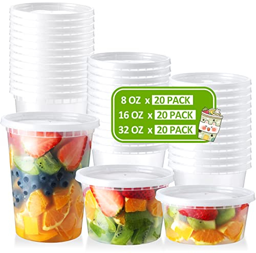 NEEBAKE 60 Set Deli-Containers-with-Lids: [8oz 16oz 32oz] Combo Plastic-Food-Storage-Containers-with-Lids, To-Go-Containers, Meal-Prep-Containers