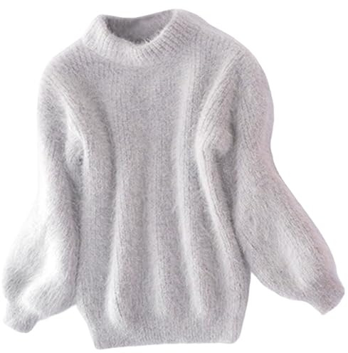 CHUSHEN Vardaglig kabelstickad jumper långärmad rund hals enfärgad tjock pullover tröja, kashmir lös enfärgad stickad tröja, vintage angoratröja för kvinnor (grå, en storlek), Grått