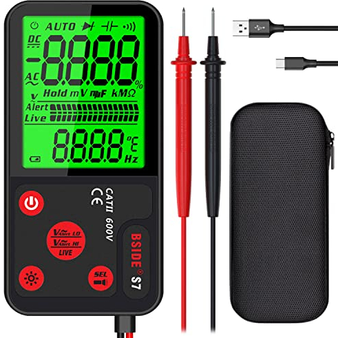 BSIDE Rechargeable Smart Electrical Tester Ultra-Slim Pocket Digital Multimeter Large LCD 3 results Display 6000 Counts Multifunction Voltage Tester with NCV Flashlight Test leads and Carrying Case