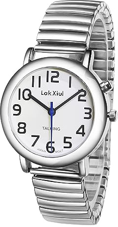 LAKXIUL Orologio parlante inglese unisex per anziani, non vedenti, con cinturino analogico da polso, con sveglia, data, Argento