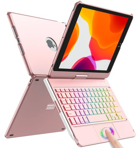 SZO Tastiera per iPad 9 Generazione 10.2 Custodia, Coverper iPad 9a/8a/7a Generazione, 360°Touchpad Flip Cover Rigida Custodia, Tastiera Bluetooth Wireless 7 Retroilluminazione, Auto Sleep/Wake, Rose