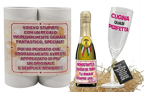 Bombo Idea regalo per festeggiare la Cugina, Bottiglia di Vino Spumante da 20 cl più Bicchiere flûte Piegato