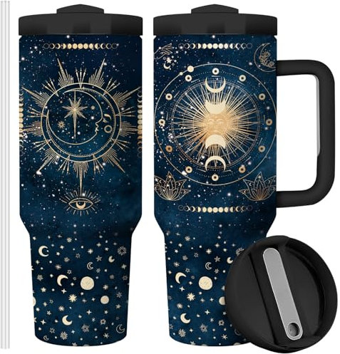Equoza 40oz Stainless Steel Insulated Travel Mug, Purple-black, Tumbler with Lid and Straw, Double Wall Vacuum Insulated Cup for Astrology, Tarot Cards Lovers, Cold/Hot 30/12 hours