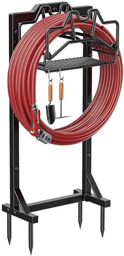 Mutool Support de tuyau d'arrosage de 117 cm, support de tuyau d'arrosage autoportant amovible en métal, support de tuyau d'arrosage robuste avec panier de rangement, noir