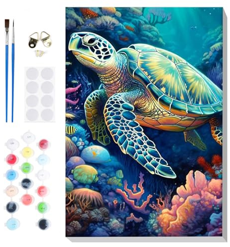 Lxmsja Kit de pintura por números para adultos, principiantes, niños con marco, tortuga marina, kits de pintura por números en lienzo, colorear por números para adultos, regalos para mujeres