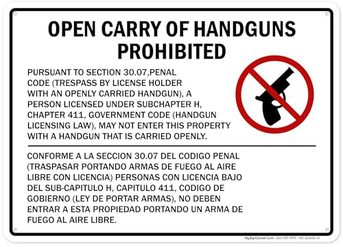 Section 30.07 Open Carry Of Handguns Prohibited For Concealed Bilingual Sign, 10x14 Inches, 55 mil thick HDPS (high density polystyrene), Made in USA by My Sign Center