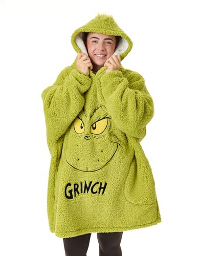 The Grinch Adults Oversized Wearable Blanket | Men & Womens Fleece Sherpa Fluffy Embroidered Christmas Hooded Pullover | Seasonal Heavyweight Hoodie Loungewear | Xmas Movie Merchandise Gift