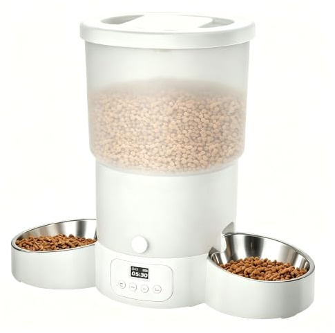 Gimars 5L Distributore Automatico Cibo Gatti 2 Ciotole in Acciaio Inossidabile, Distribuzione Uniforme, Dispenser Crocchette Gatti e Cani Programmabile da 1-6 Pasti al Giorno, Registrazione Vocale 10s