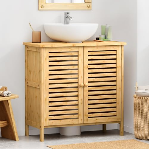 SogesPower Mueble bajo lavabo de bambú, armario con puertas y estantes, mueble de baño de bambú