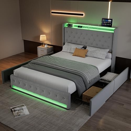 4ft6 Double Bed Frame Upholstered Platform Bed Storage Bed with 4 Drawers&LED Light Strips&Charging Socket, Velvet, Sturdy Wooden Slat Support, No Box Spring Needed, Grey Multifunctional Bed Frame